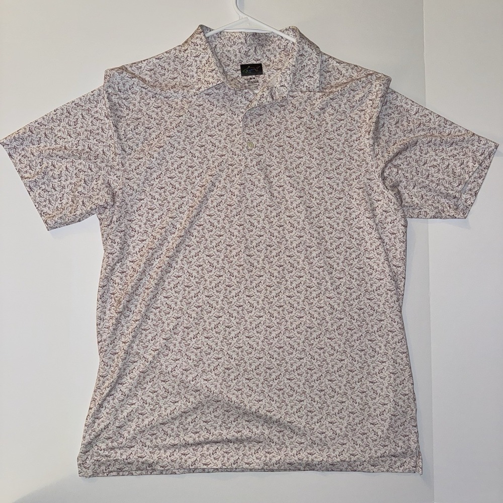 Men's Medium Greg Norman ML75 Play Dry Polo Shirt White Shark Print Short Sleeve
